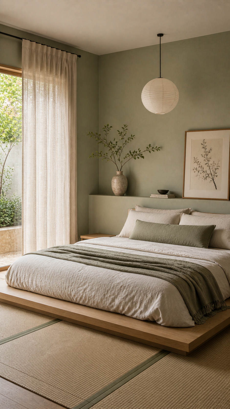 Sage green minimalist bedroom