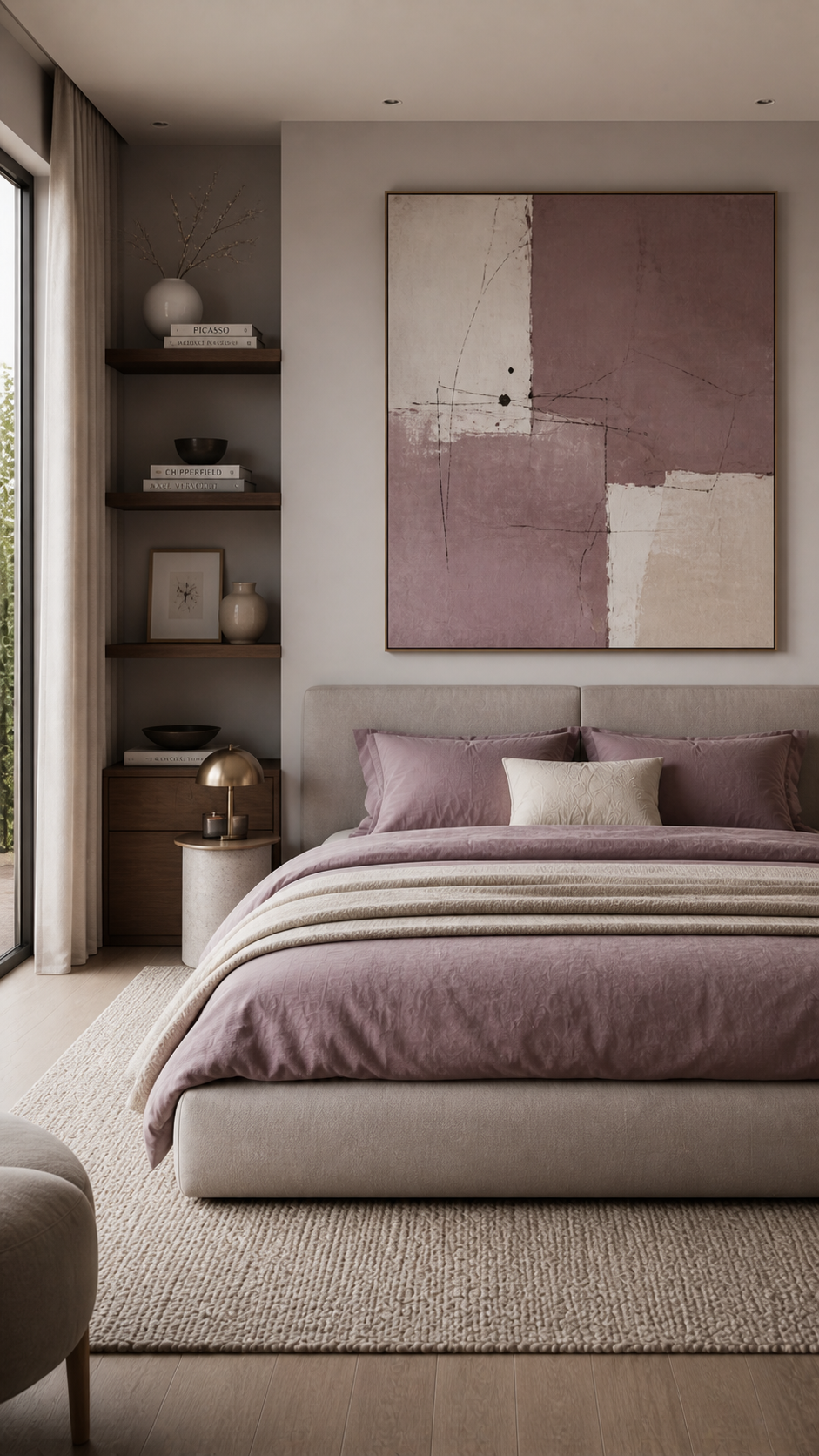 Serene minimalist bedroom with abstract art