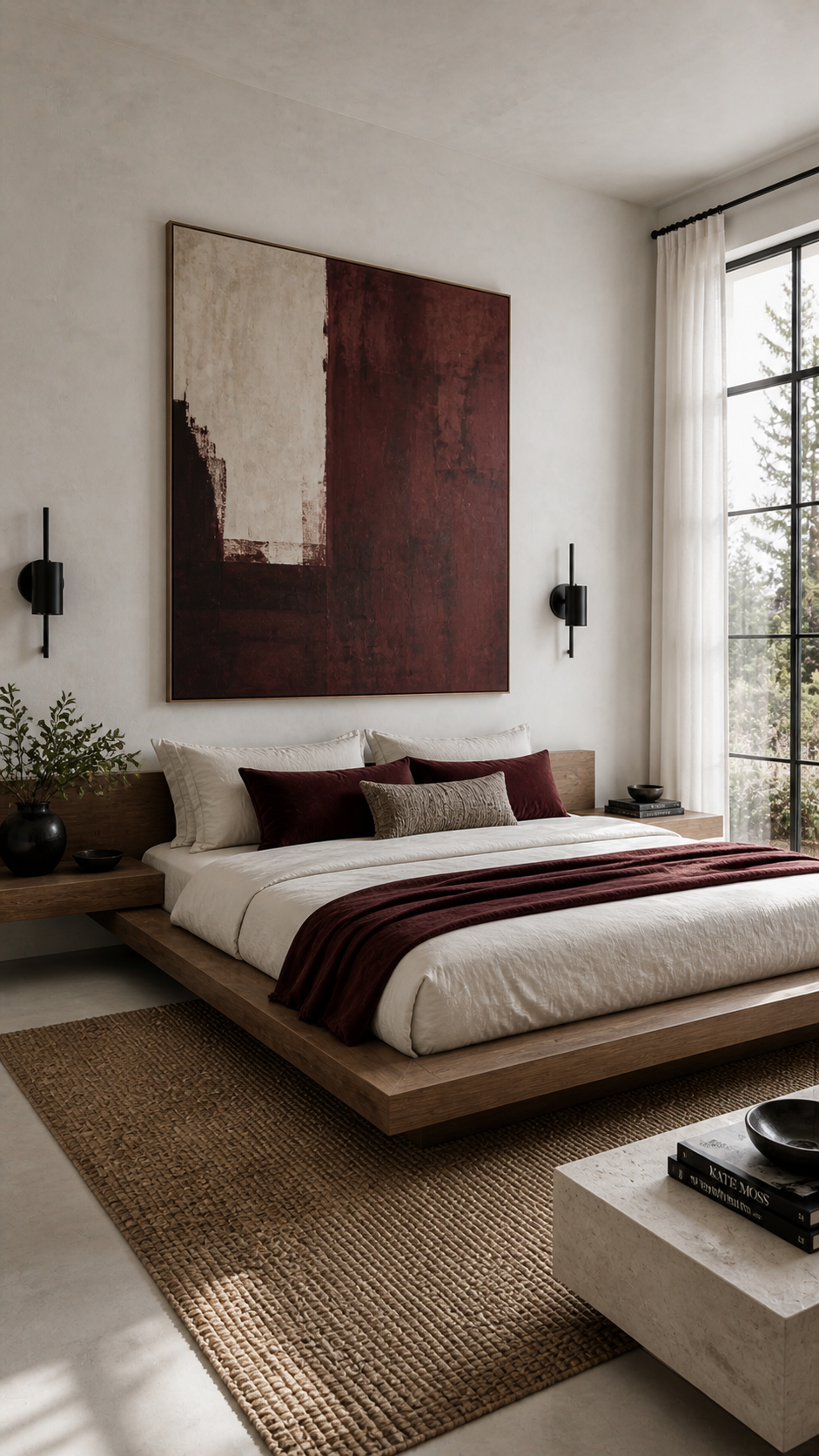 Serene minimalist bedroom with burgundy accents
