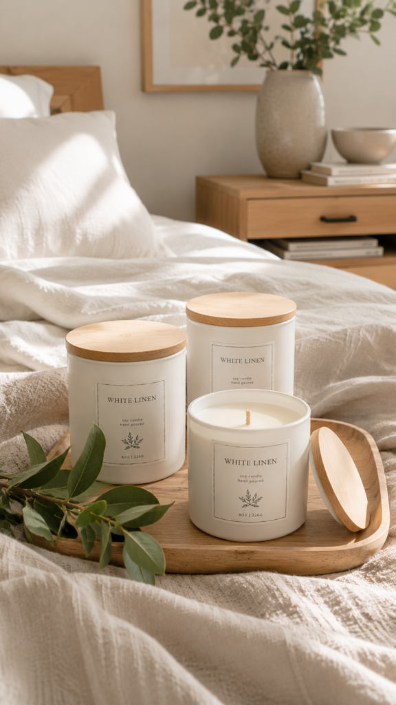 Serene minimalist bedroom with candles
