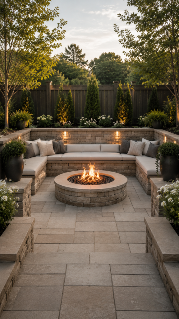 Serene outdoor patio with fire pit