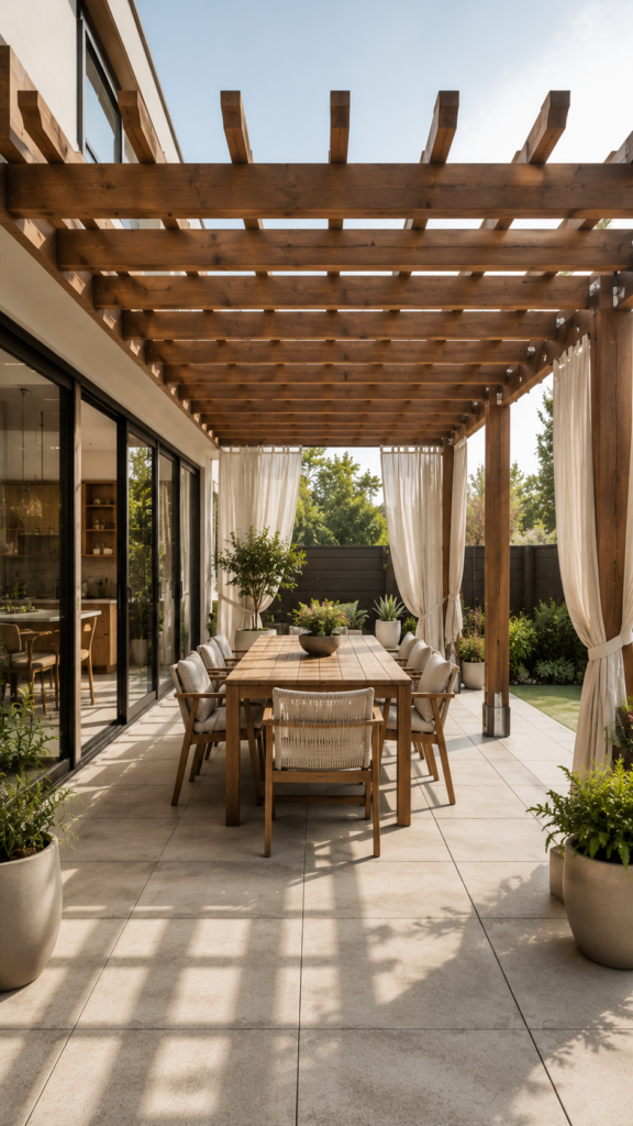 Serene patio under a wooden pergola