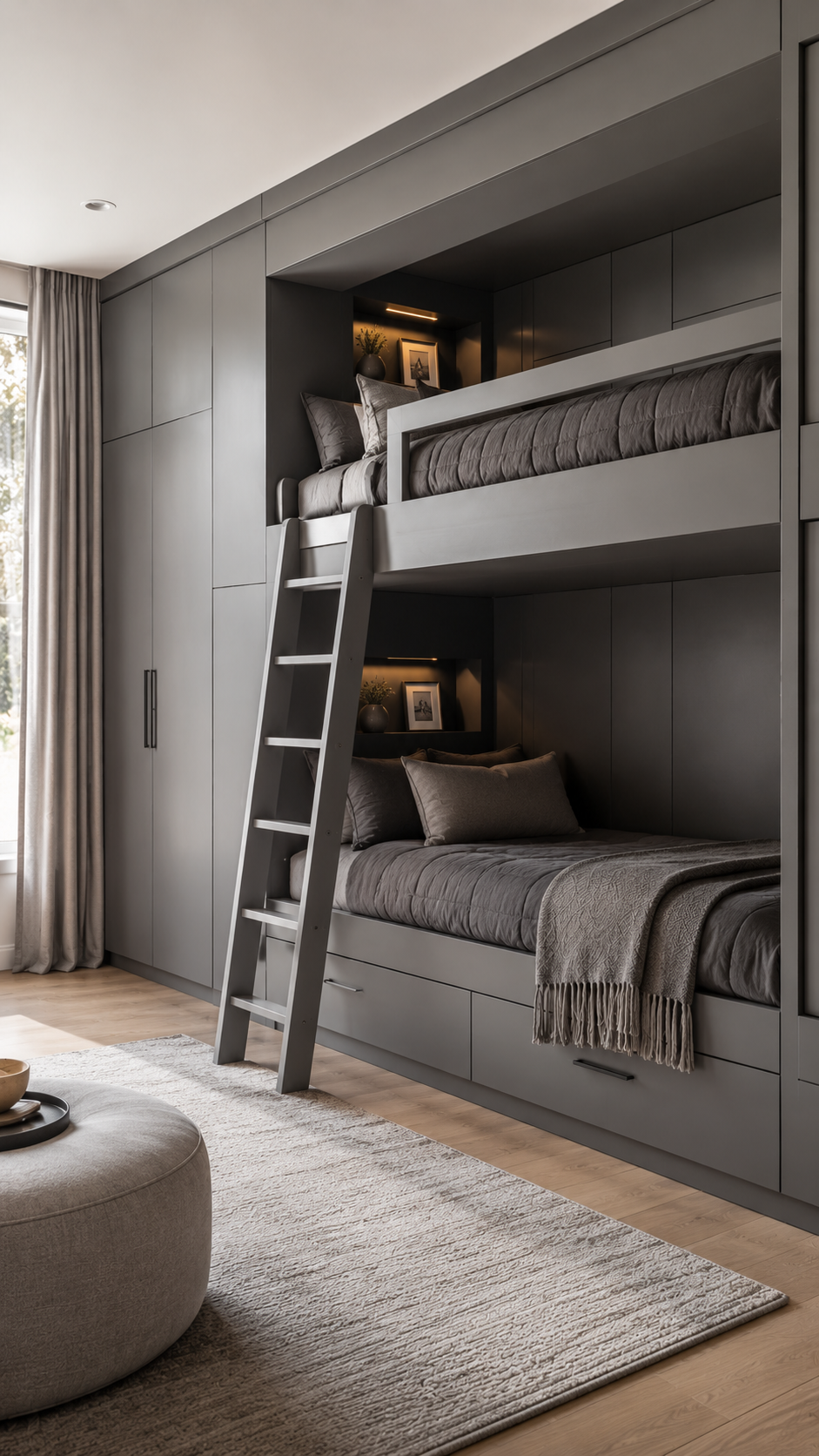 Sleek gray and wood bedroom design