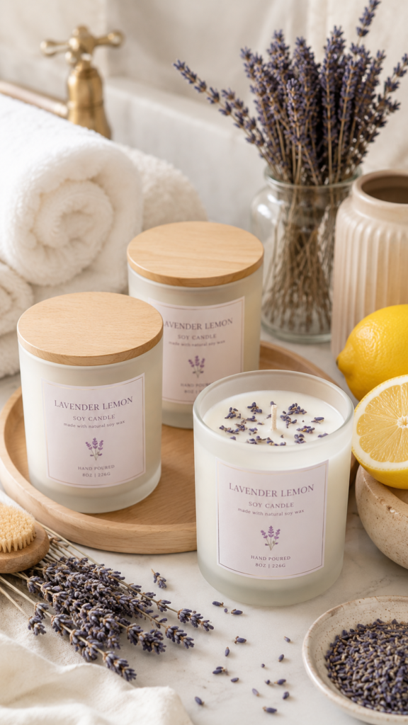 Spa essentials with lavender lemon candles