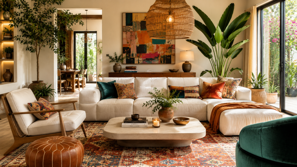 Sunlit boho living room retreat