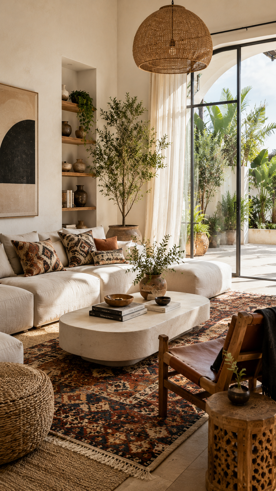 Sunlit boho living room with greenery