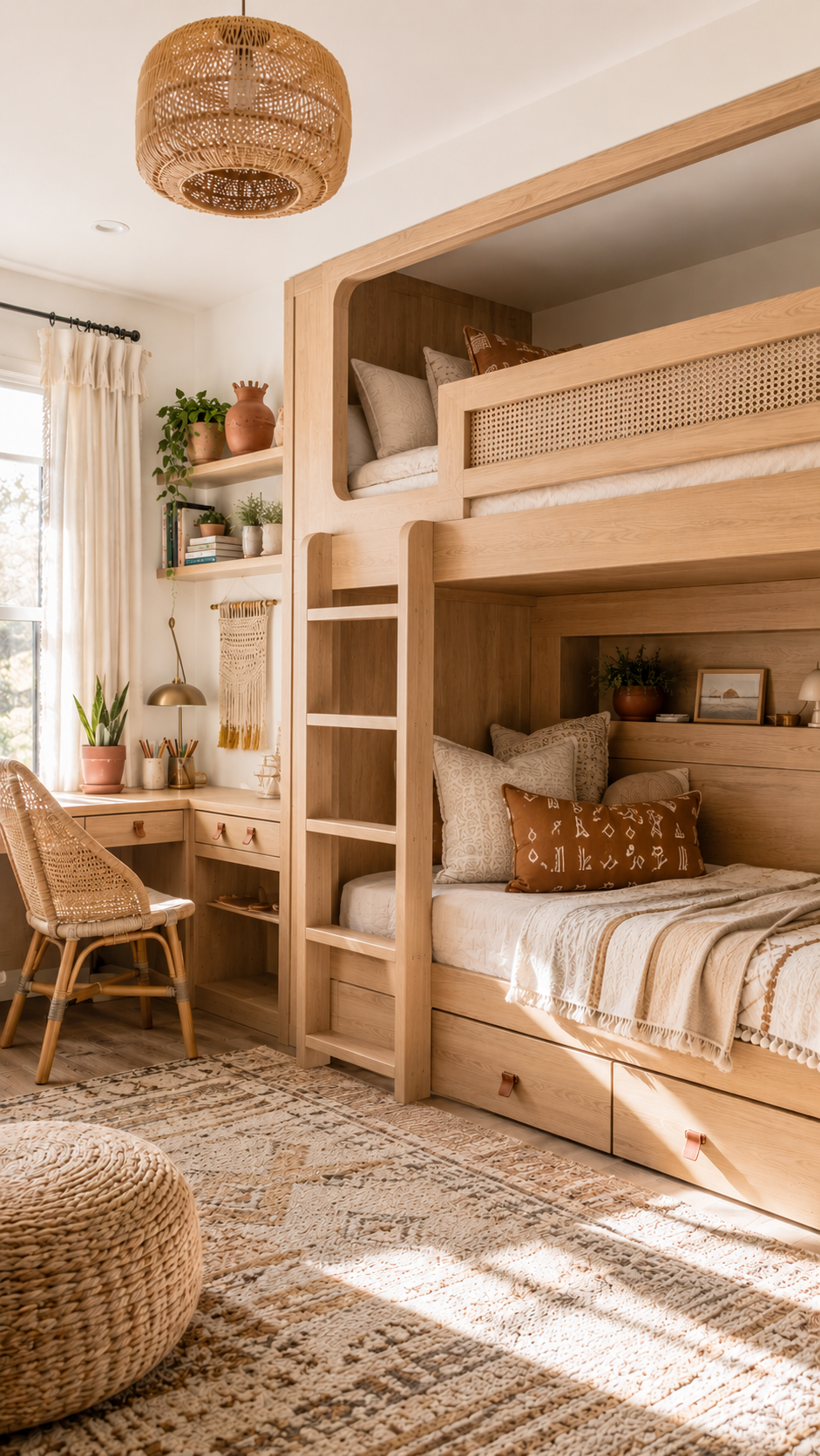Sunlit boho-modern bedroom with loft bed