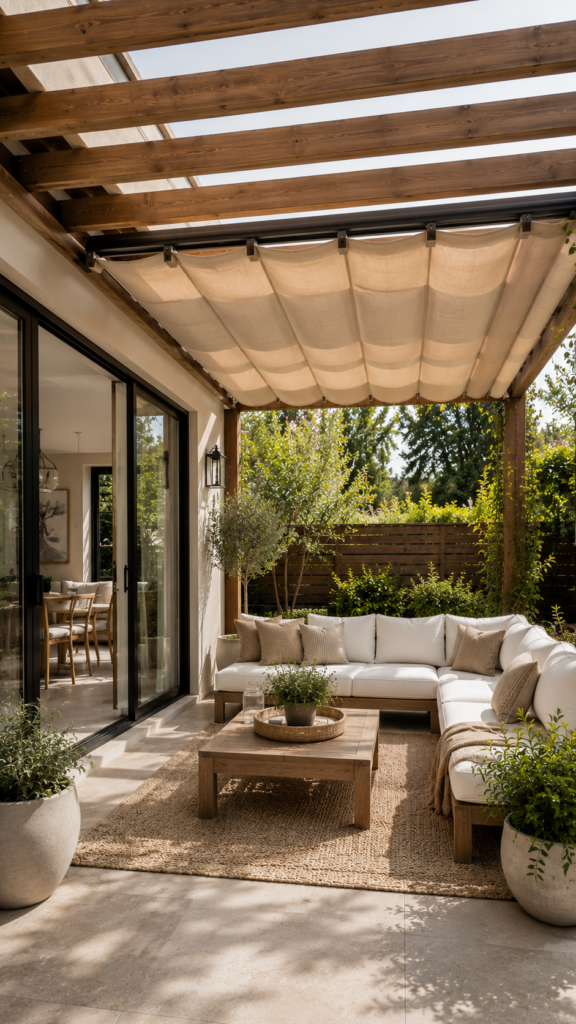 Sunny outdoor lounge under pergola