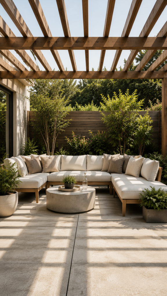 Sunny patio with sectional and pergola