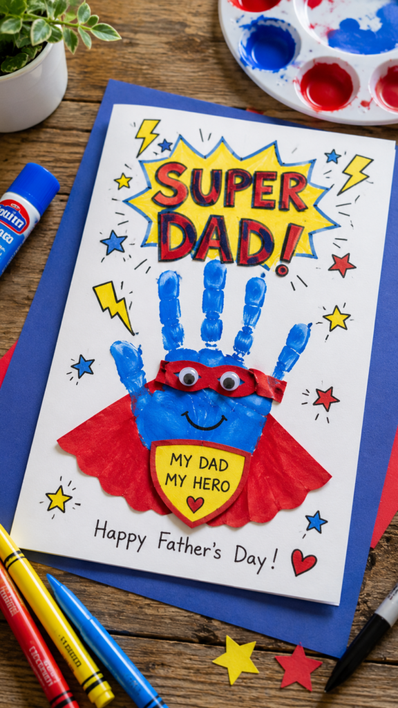 Superhero dad card and craft workspace