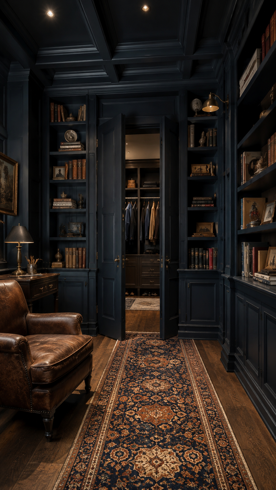 Upscale library with cozy closet passage