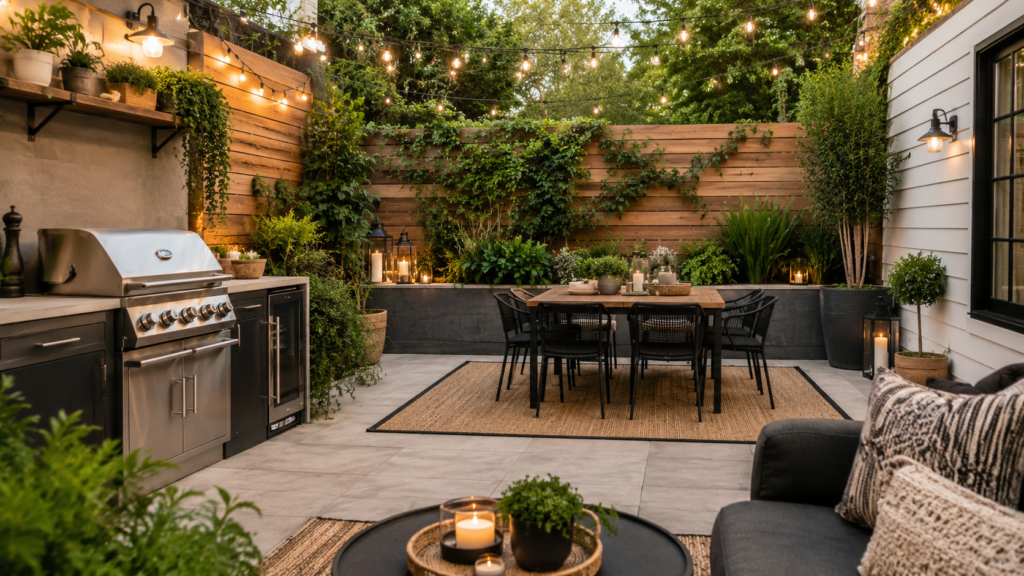 Cozy outdoor patio with string lights