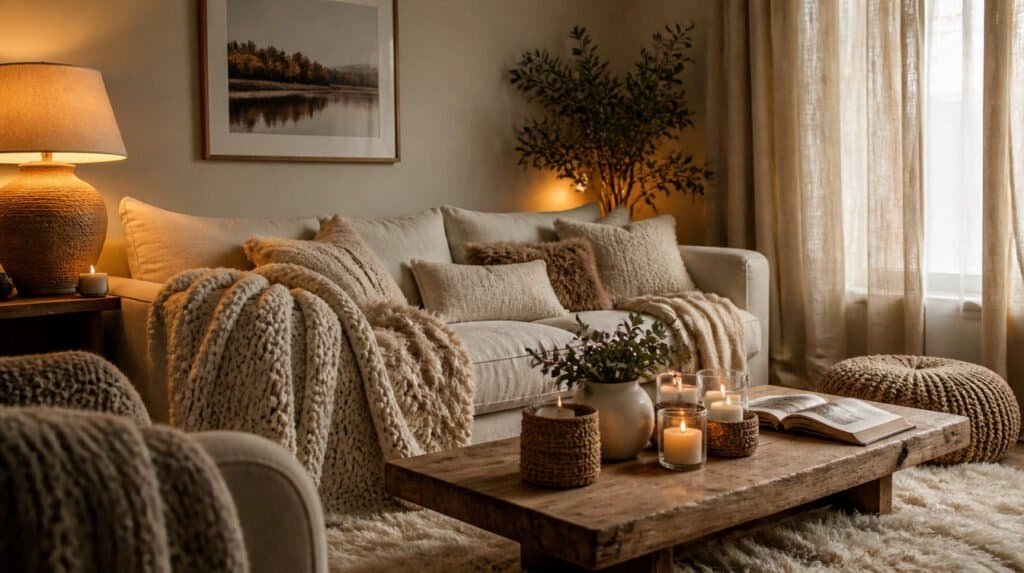Cozy hygge living room with warm amber lighting and layered knit throws for winter