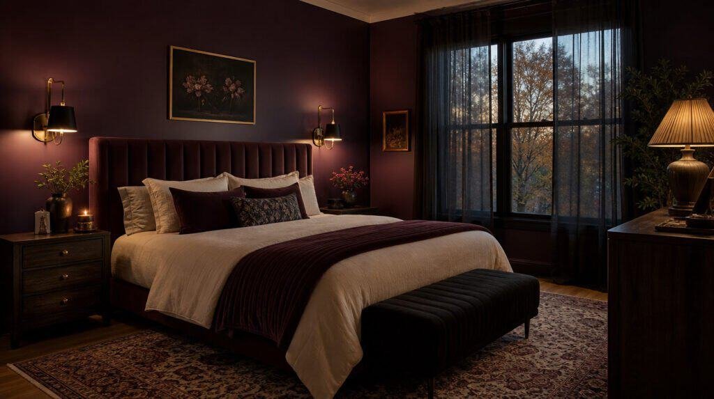 Moody plum noir bedroom with velvet headboard and brass sconce lighting