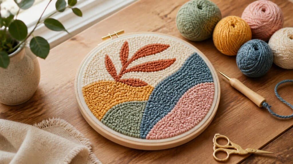 Beginner punch needle embroidery hoop with colorful yarn loops in progress on a wooden table