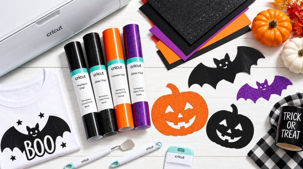 Collection of handmade Cricut Halloween craft projects styled on a table