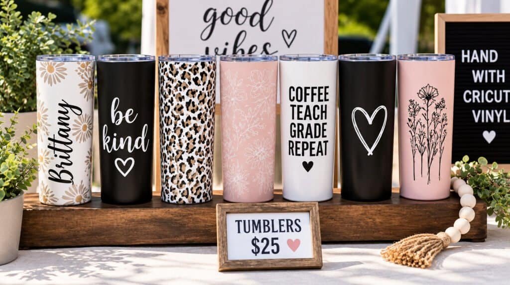 Row of finished Cricut vinyl tumblers displayed at a craft fair table