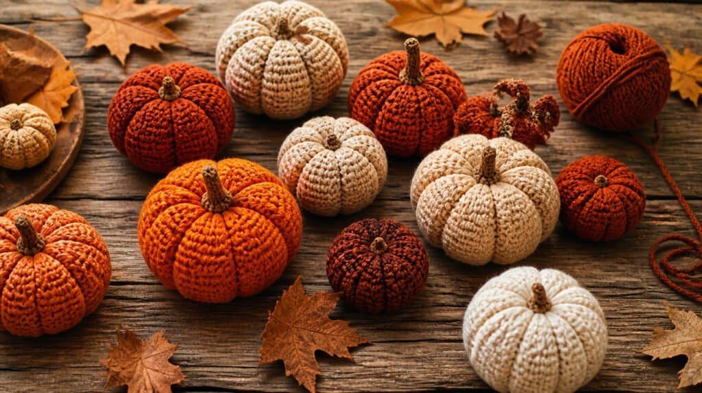 Collection of handmade crochet pumpkins styled on a wood table