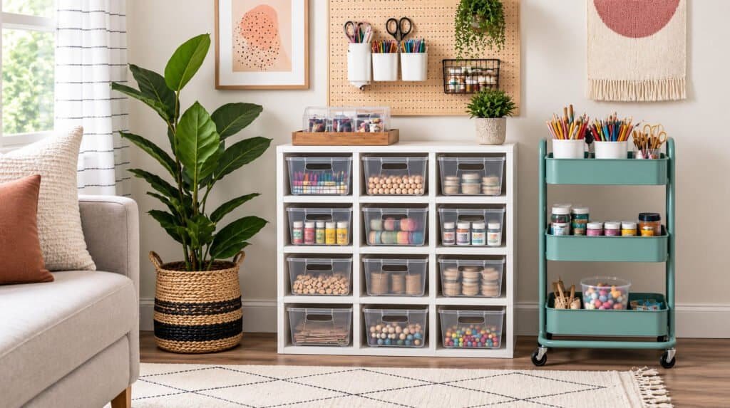 Small organized craft corner with a rolling cart and clear storage bins in a living room nook