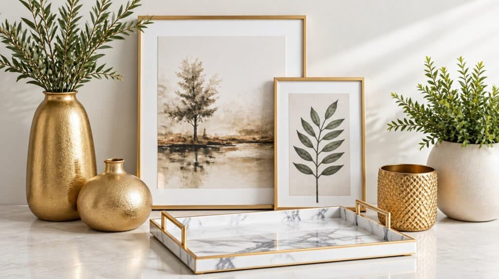 Upgraded dollar store home decor including gold vases and faux marble tray