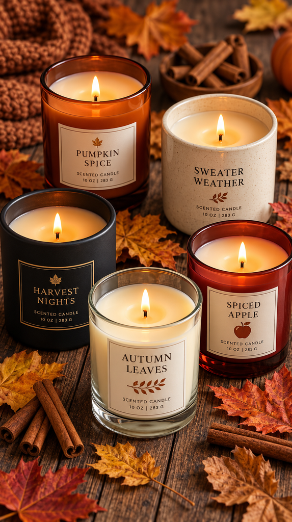 Styled grouping of fall candles on wooden table with cinnamon sticks