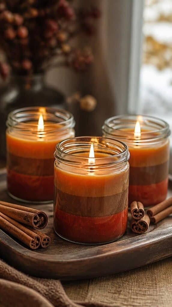 Layered soy wax candles with amber and cinnamon stripes on wooden tray - fall candle craft ideas