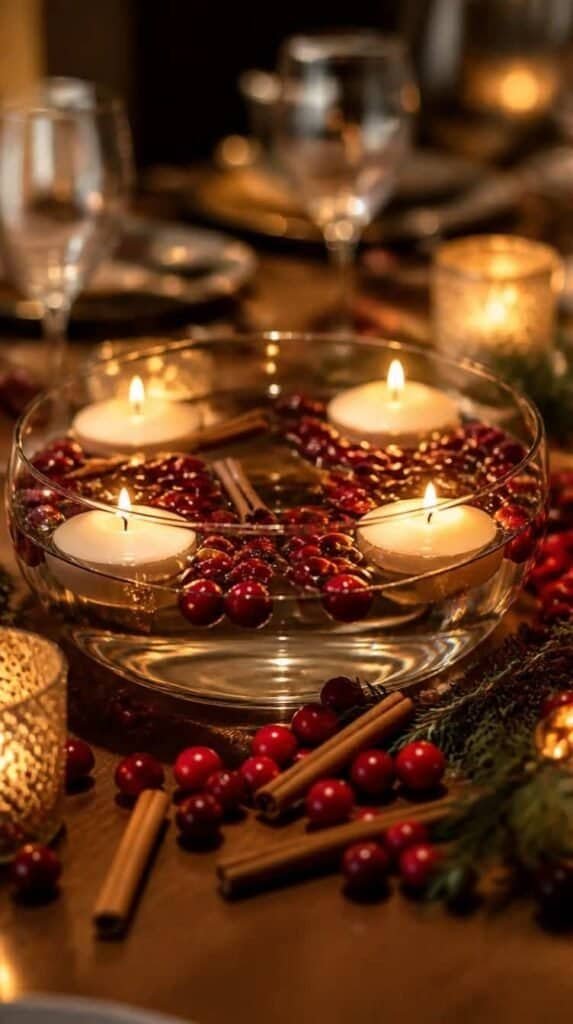 Floating candles in a glass bowl with cranberries and cinnamon sticks