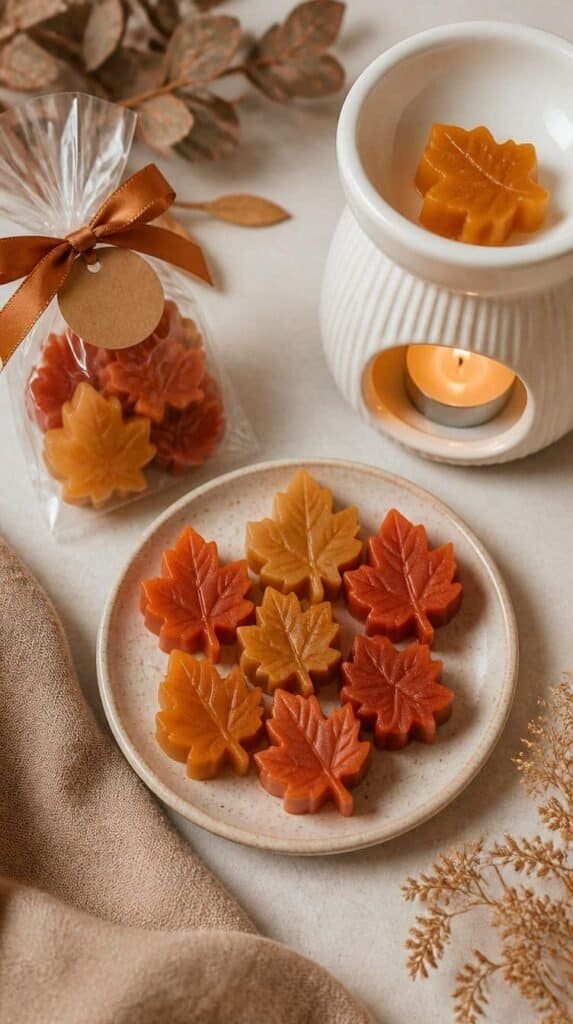 Leaf shaped wax melts in amber and rust tones next to a wax warmer