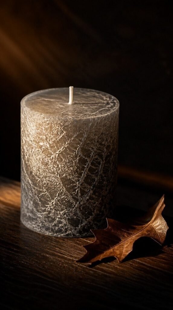 Cylindrical candle with dramatic lacy crackled ice texture on dark wood