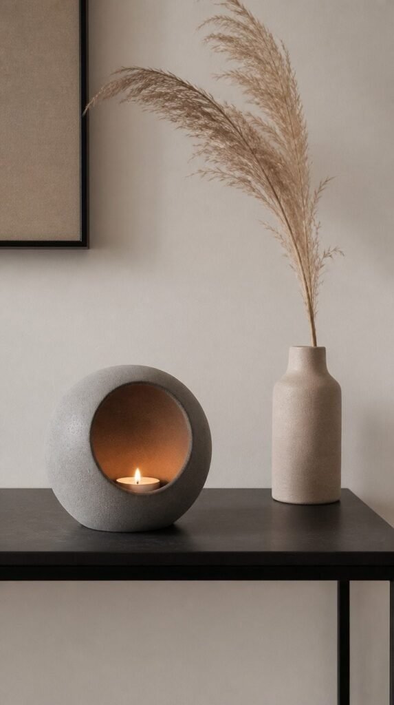 Matte gray concrete candle vessel with glowing votive on modern console