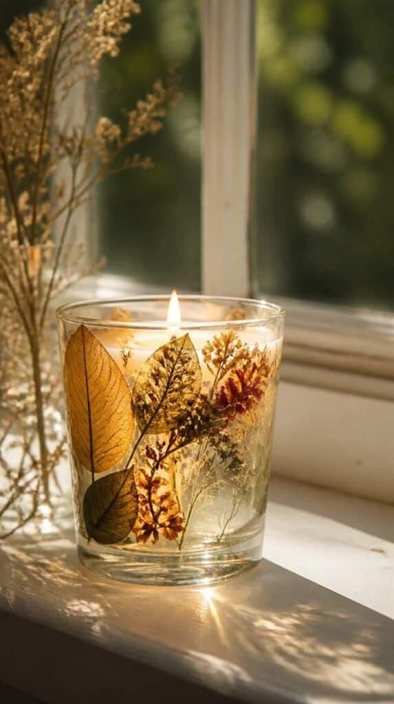 Clear glass candle with pressed dried leaves glowing on a sunlit windowsill