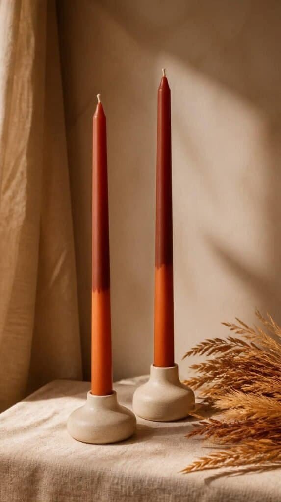 Hand dipped rust and burnt orange taper candles in ceramic holders