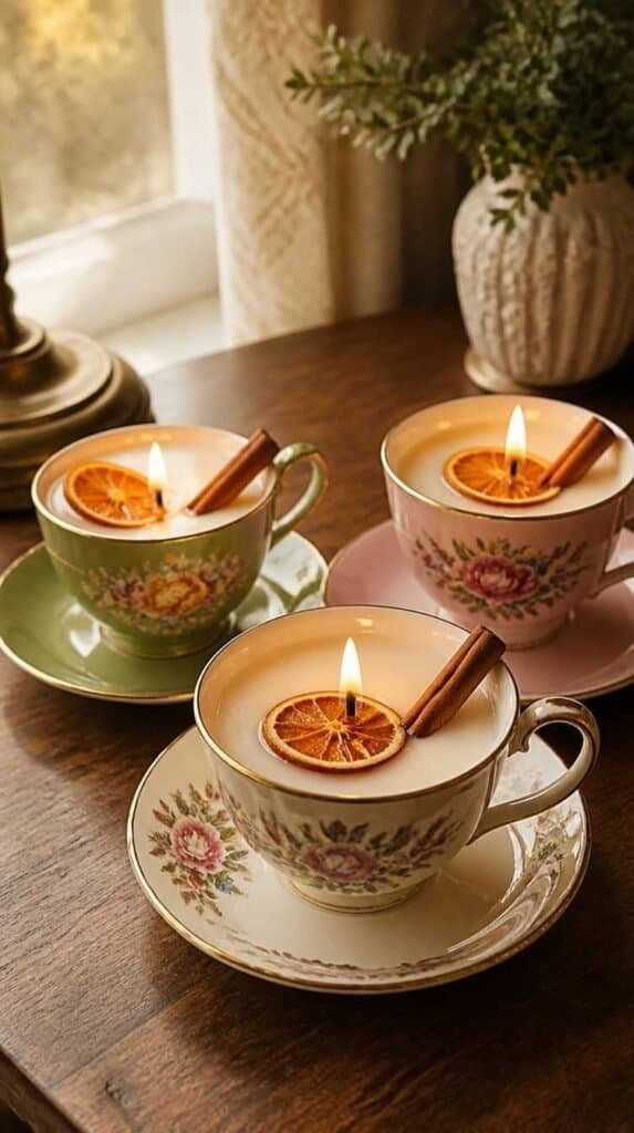 Vintage floral teacup candles with lit wicks and dried orange slice garnish