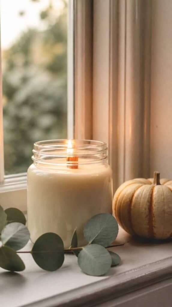 Wood wick mason jar candle glowing on a farmhouse windowsill with pumpkin