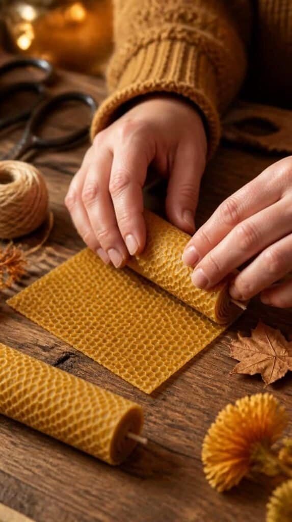 Hands rolling a honey colored beeswax sheet into a candle on wood table