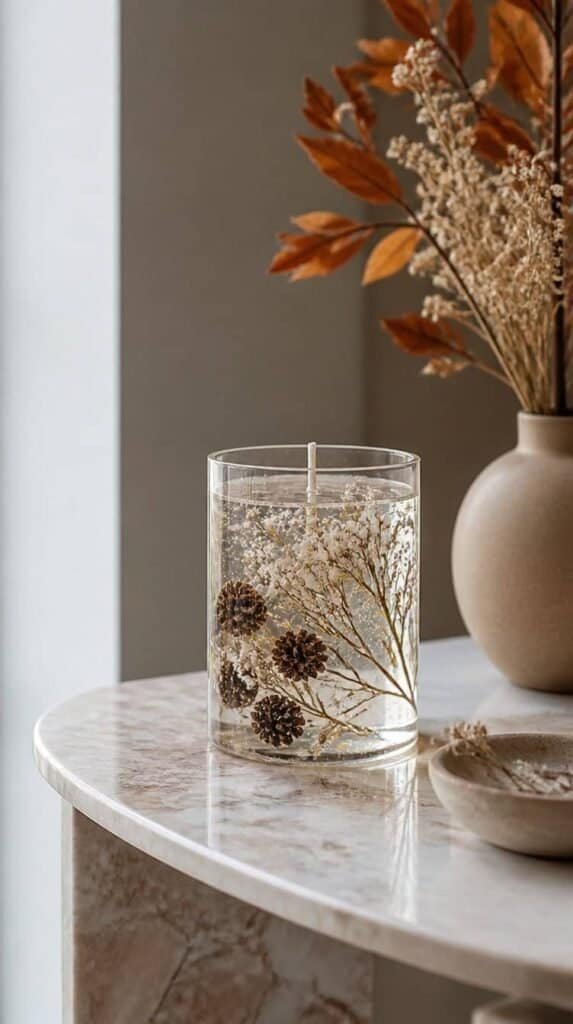 Clear gel wax candle with dried baby's breath and pinecones suspended inside