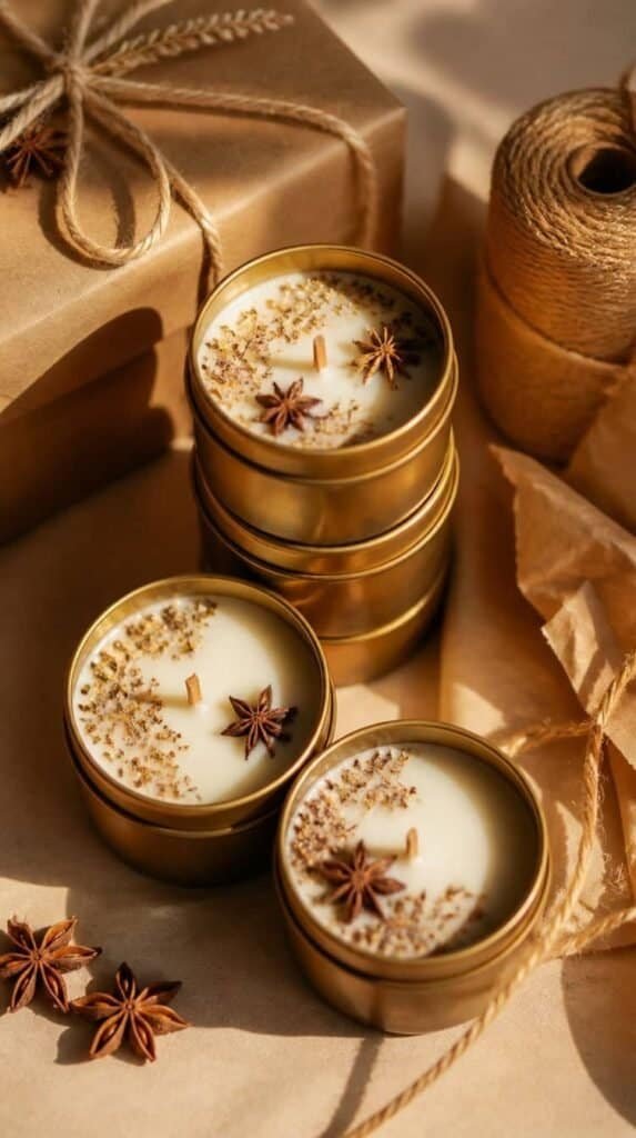 Coconut wax tin candles styled with kraft paper wrap for gifting