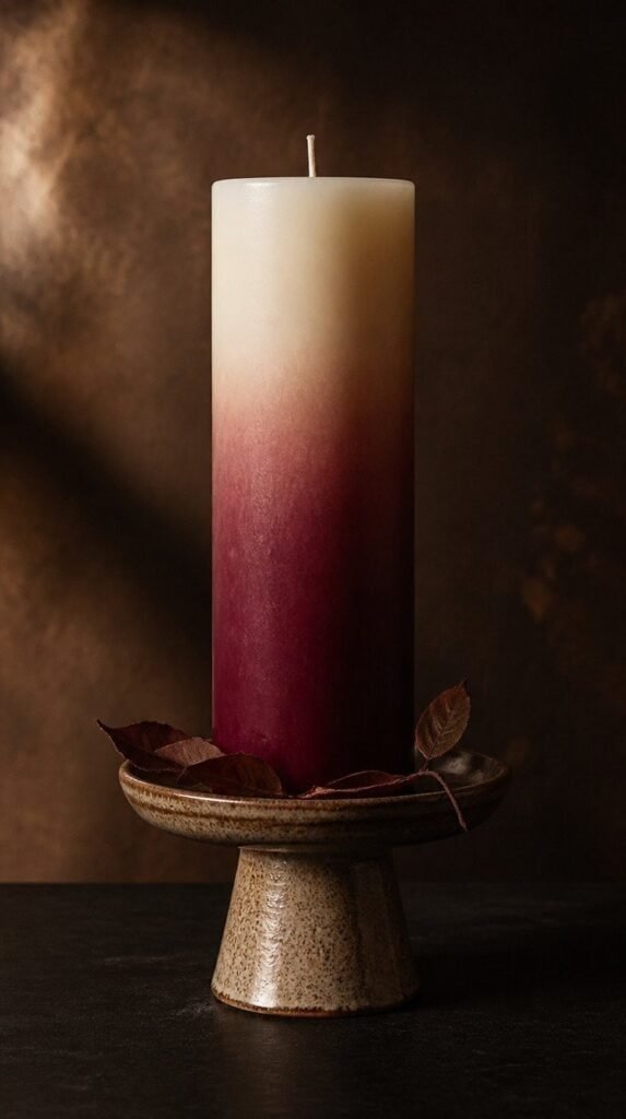 Tall ombre pillar candle graduating from cream to deep burgundy on pedestal