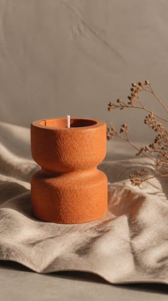 Organic textured terracotta sand candle styled on a linen napkin