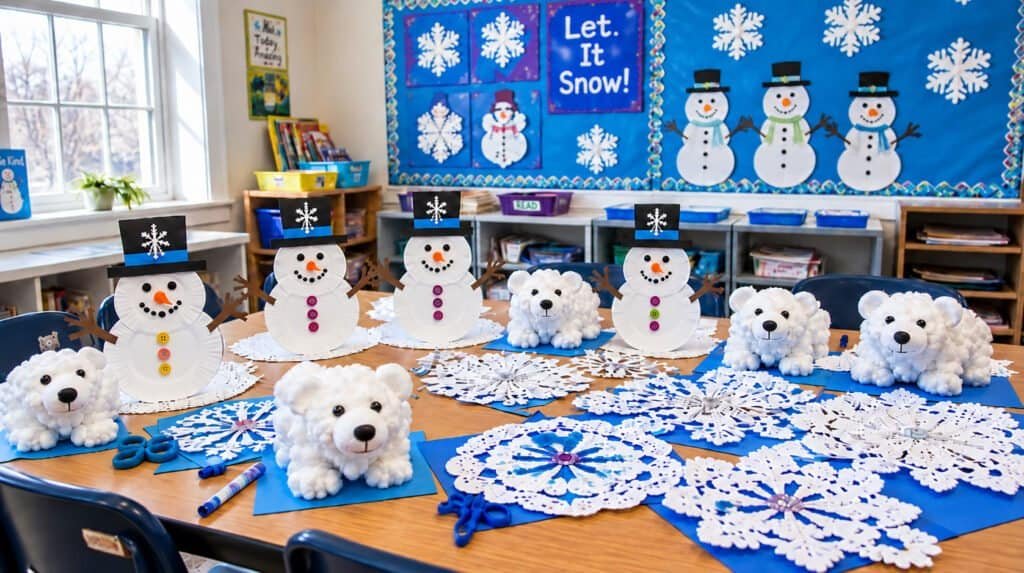 Table of finished winter classroom crafts including paper plate snowmen and coffee filter snowflakes